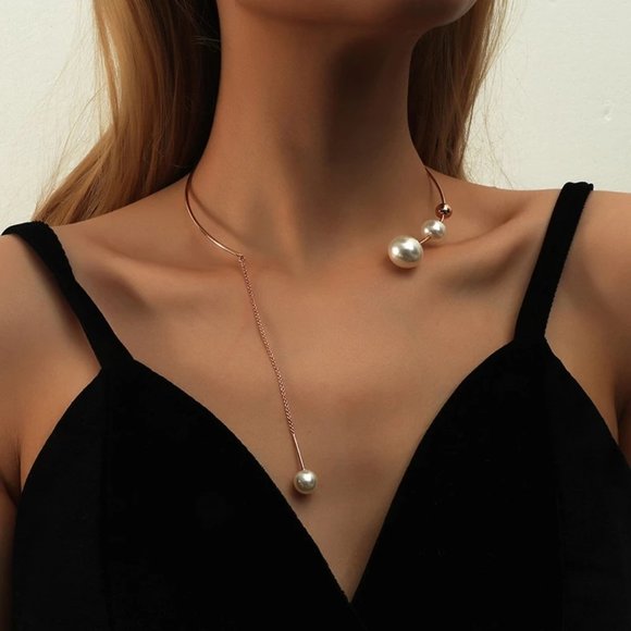 Private Label Jewelry - NEW Rose Gold Geometric C Shaped Open Pearl Long Link Chain Necklace